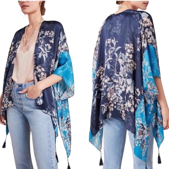 Anthropologie Other - Kachel X Anthropologie Jaimee Kimono w/Tassels Blue Floral Silk Blend One Sz EUC